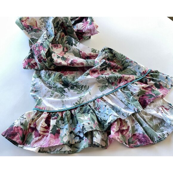 Vintage 80s curtain, pink green cabbage roses, ruffled bottom, long single panel - Picture 5 of 10